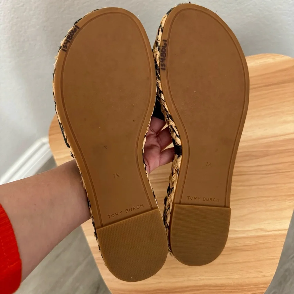 Tory Burch Black Leather Logo Espadrilles Open Toe Sandals Size 7.5